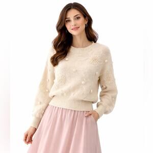 Lush Size Small Cream Sweater 3D Floral Pom Pom Cottagecore Rustic Farmhouse